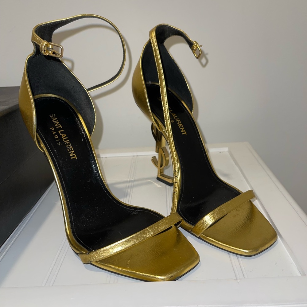 Saint Laurent Gold Stiletto Heels with Ankle Strap